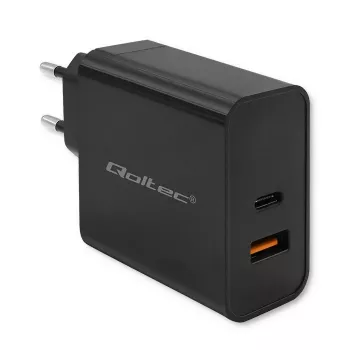 Qoltec 52381 Super Quick PD įkroviklis | 1xUSB-C | 1xUSB | 90W | 5-20V | 2.4-4.35A | Juodas
