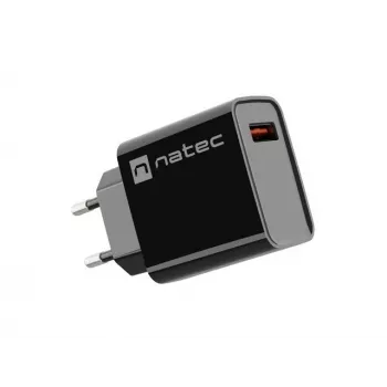 NATEC Ribera universalus greitojo įkrovimo sieninis kroviklis — 18 W (5–15 V, iki 3 A), 1× USB-A, Huawei FCP/SCP, juodas