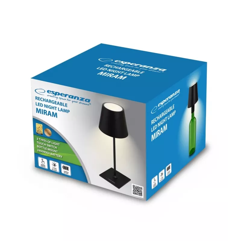 Stalinė LED lempa ESPERANZA ELD119K Juoda – 3W, 4000K, 200 lm, USB-C, 2400 mAh baterija, 400 mm aukštis