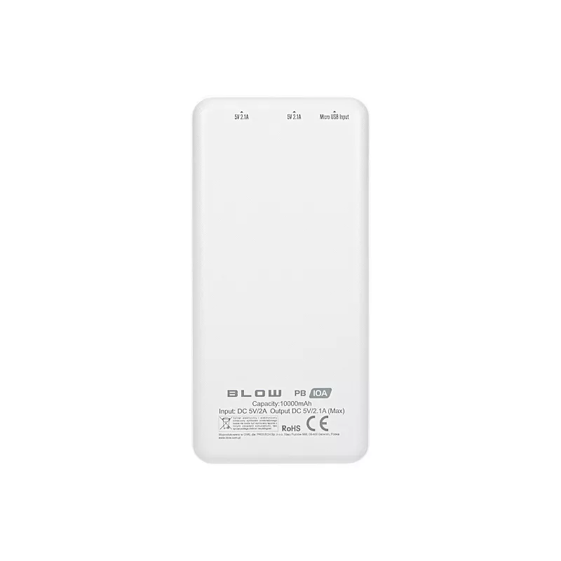 Nešiojamas įkroviklis BLOW PB10A 10000mAh (37Wh), 2x USB-A išėjimai, 22.5W bendra galia, Micro-USB įėjimas, polimerinė baterija