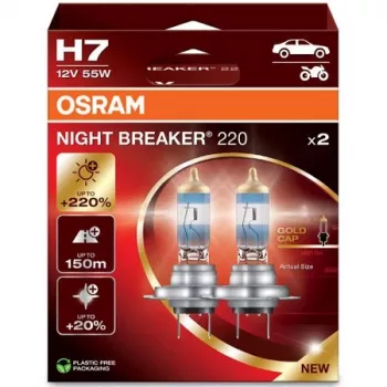 Halogeninė priekinė lemputė Osram H7 NIGHT BREAKER 220 — dviejų vienetų pakuotė (modelis 64210NB220-2HB)