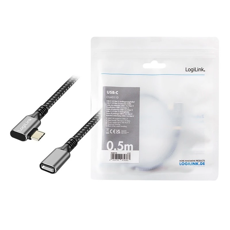 USB 3.2 Gen2 tipo-C ilginamasis kabelis su PD, AV, 0,5 m, 90° kampu