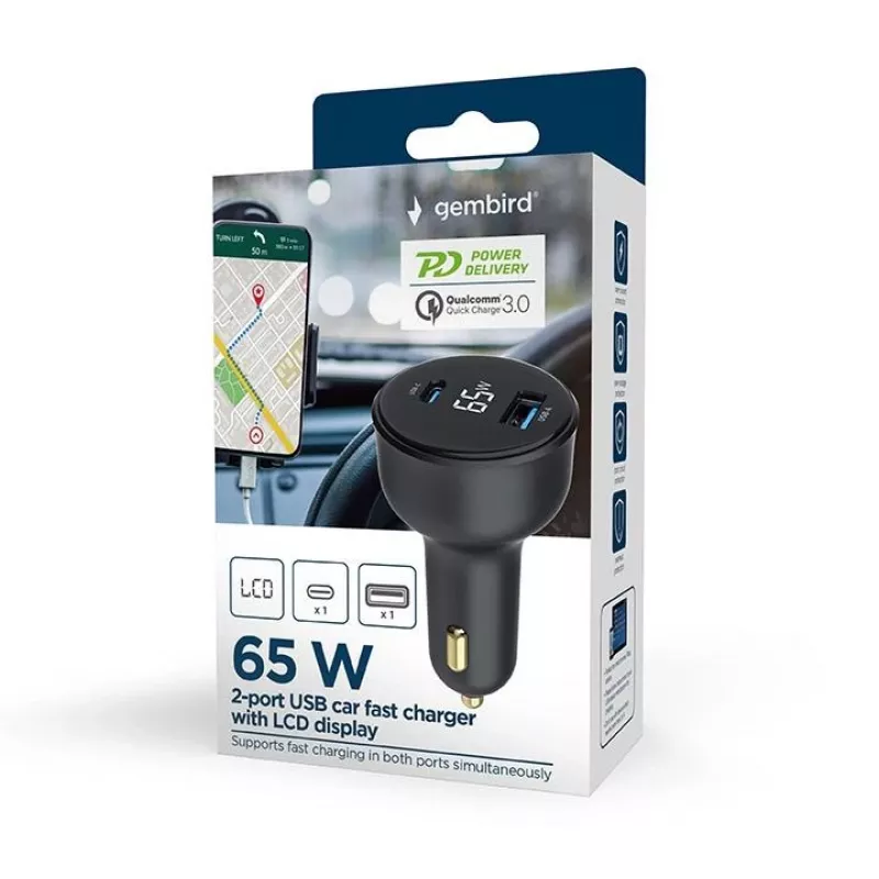 Automobilinis USB įkroviklis 2 prievadai / TA-UC-AC2PD30LCD-CAR01 GEMBIRD