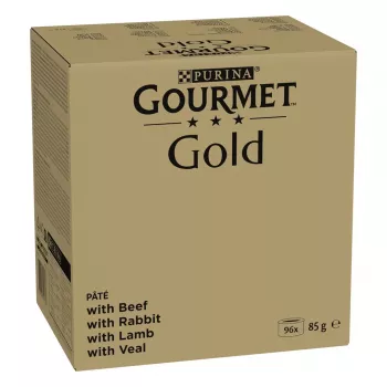 Šlapias kačių ėdalas Purina Nestlé GOURMET Gold Mus Mix — 96 x 85 g, 4 skoniai, suaugusioms katėms, 77,5% drėgmės
