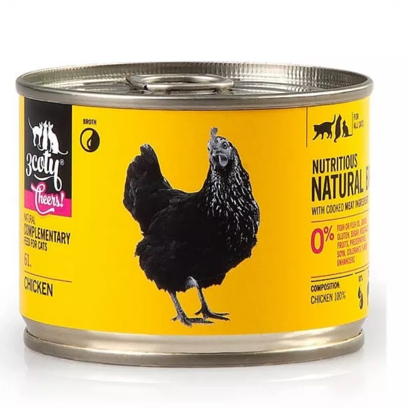 Papildomas pašaras katėms 3coty CHICKEN Cheers! 160 g — šlapias konservas, vištienos skonio, 160 g, baltymai 12%, riebalai 7,5%, drėgmė 80%