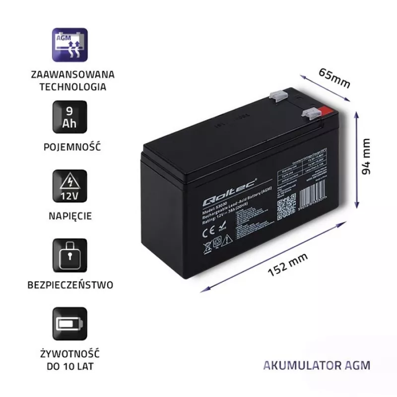Nepriklausomo maitinimo šaltinio baterija QOLTEC 53031 12V 9Ah žalia, 152×94×65 mm, 2,35 kg