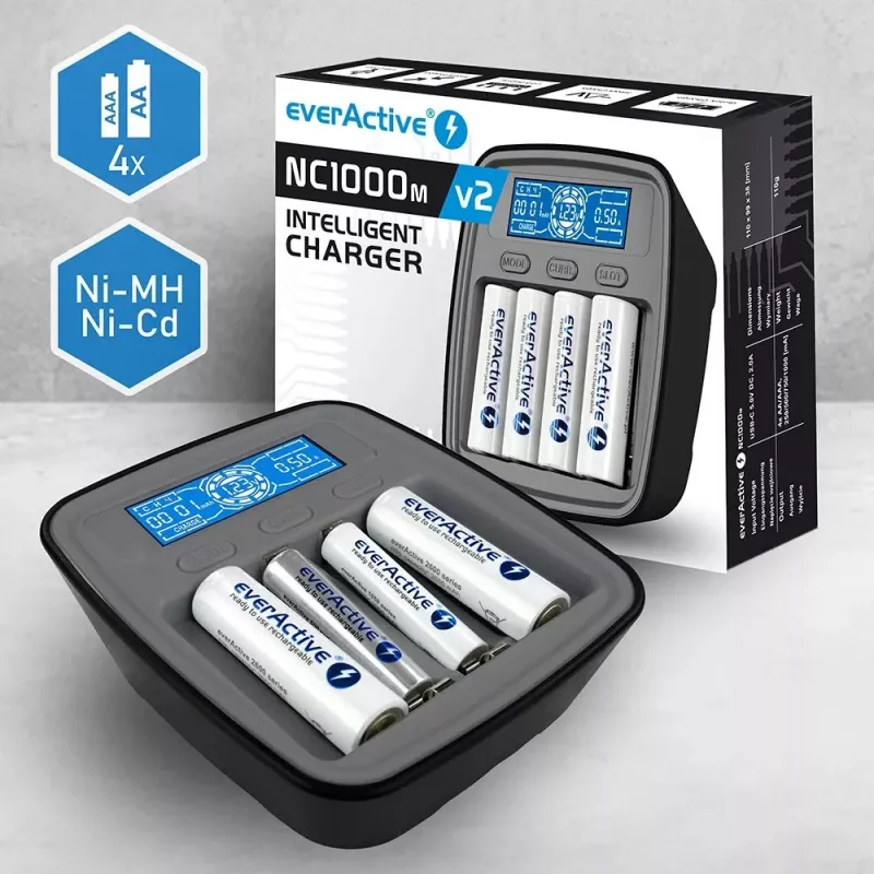 Baterijų įkroviklis everActive NC1000MV2 – Ni‑MH 4 lizdų USB‑C įkroviklis, 4 elementai, 5 V, juodas, 110×99×38 mm