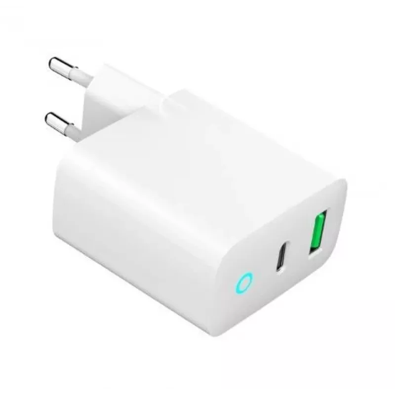 Sieninis maitinimo adapteris 220V GEMBIRD, universalus, 1× USB Type-C PD 20W, 1× USB-A 3.0 QC 18W, LED indikatorius, baltas