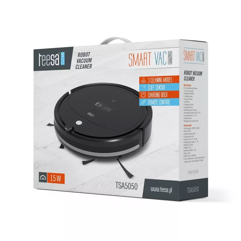 Robotas dulkių siurblys TEESA Smart VAC 2 – apvalus, juodas, 1000 Pa, 9,6 V/2000 mAh Li, 0,2 l, Wi-Fi, automatinis grįžimas