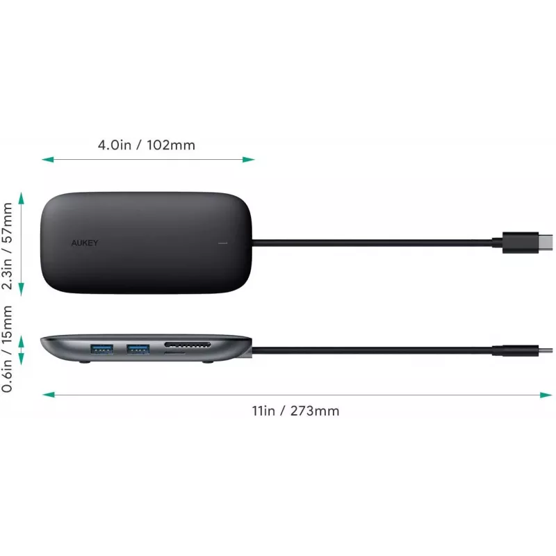 USB-C stotelė nešiojamam kompiuteriui AUKEY CB-C71 — 3x USB‑C (USB 3.2 Gen1), HDMI, RJ‑45, MicroSD, USB PD 100W, 0,15 m kabelis, juoda