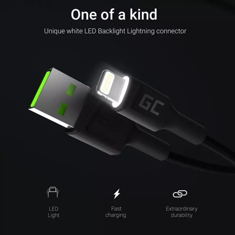 Laidas Lightning – USB A Green Cell KABGC12, 2 m, juodas