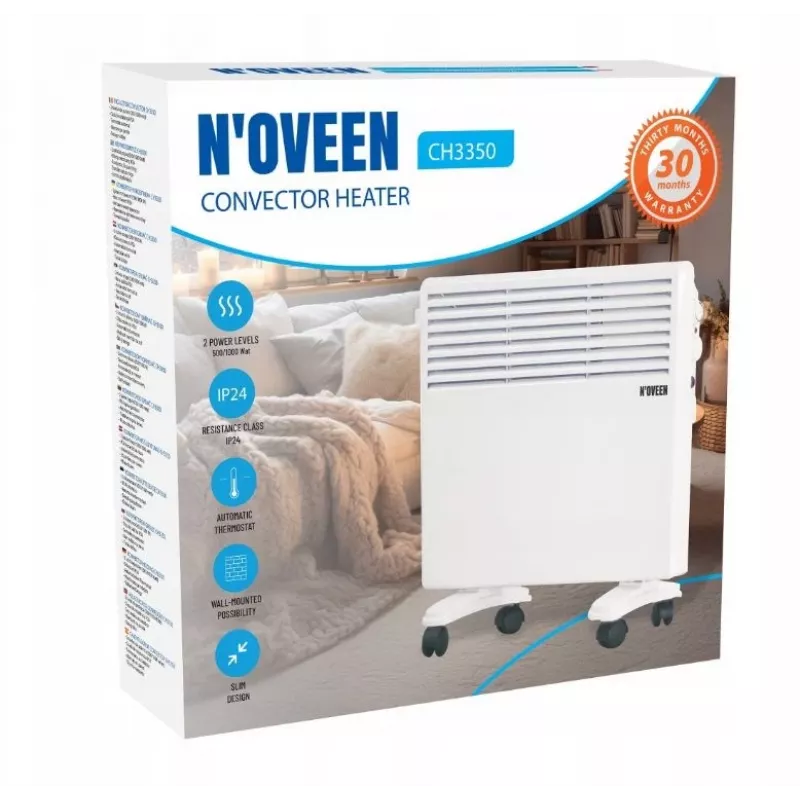N'OVEEN CH3350 1000W elektrinis konvektorinis šildytuvas su termostatu, nešiojamas, montuojamas ant sienos