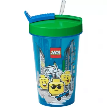 Room Copenhagen LEGO puodelis su šiaudeliu Iconic Boy Bright Blue (mėlyna/žalia, 500 ml)