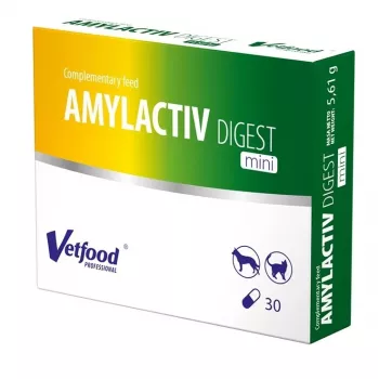 Virškinimo fermentai Vetfood AMYLACTIV DIGEST MINI – maisto papildas, 30 kapsulių katėms ir šunims