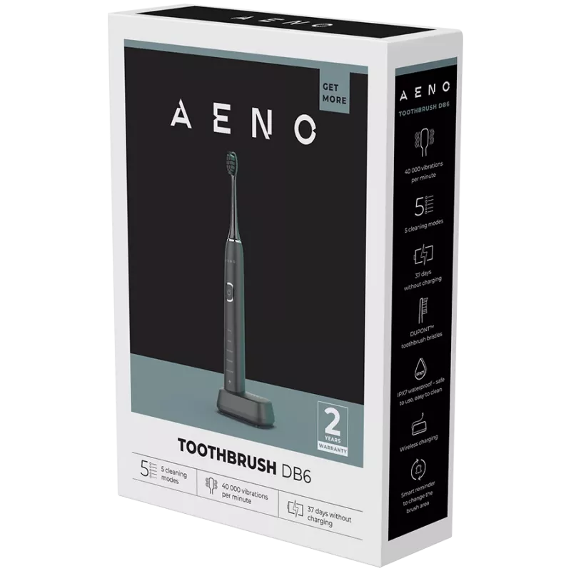 AENO Sonic Electric Toothbrush DB6 Juoda: 5 režimai, belaidis įkrovimas, 46000 sūkių/min, 40 dienų be įkrovimo, IPX7