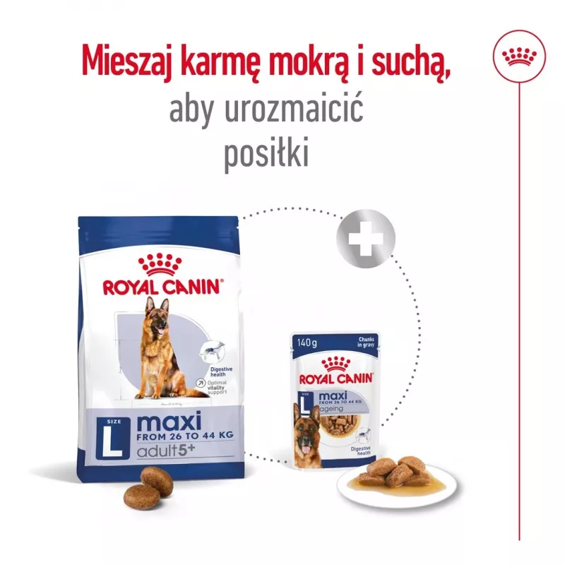 Sausas šunų ėdalas Royal Canin Maxi Adult 5+ 15 kg – vištiena, Baltymai 26%, Riebalai 17%