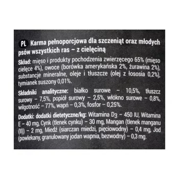 Dolina Noteci Rafi Junior su veršiena, spanguolėmis ir mėlynėmis – šlapias šunų ėdalas 400 g