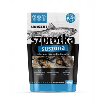 Šunų skanėstas UNISZKI Džiovintas šprotas 40 g – vieno ingrediento monoproteininis žuvies užkandis šunims, tinkamas visoms veislėms