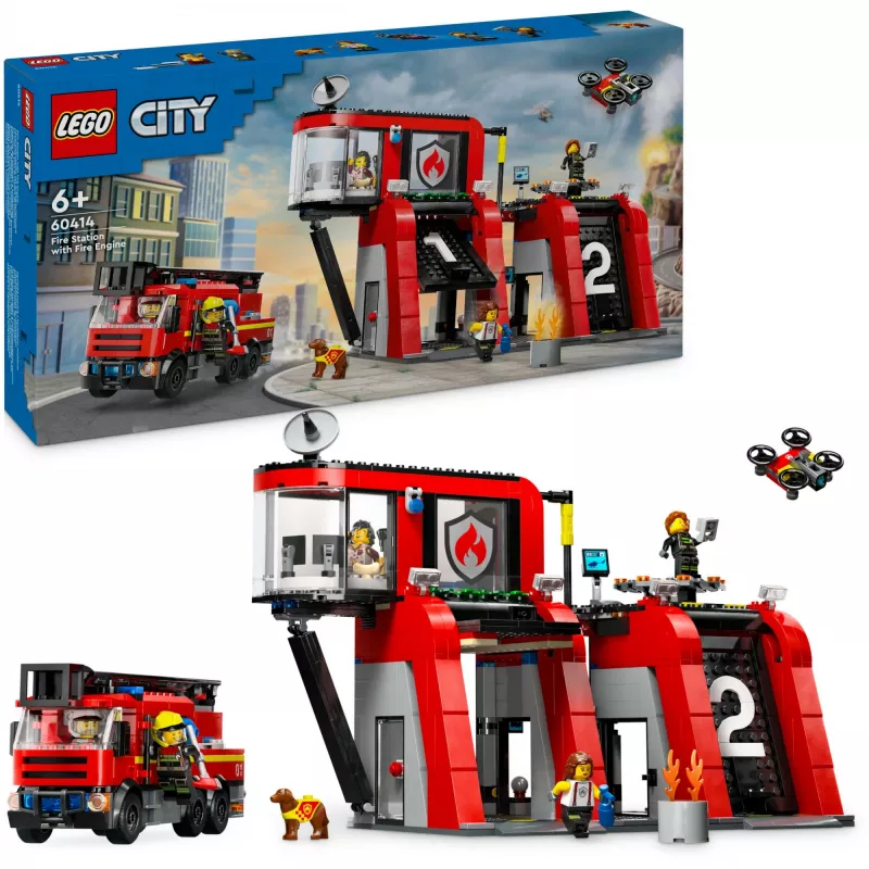 Konstruktorius LEGO City Gaisrinė su pasukamaisiais kopėčiais 60414 – 843 dalys, 5 minifigūrėlės