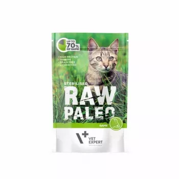 Šlapias kačių ėdalas VETEXPERT RAW PALEO Adult Sterilised Game 100 g – elniena, be grūdų, linkusioms priaugti svorio