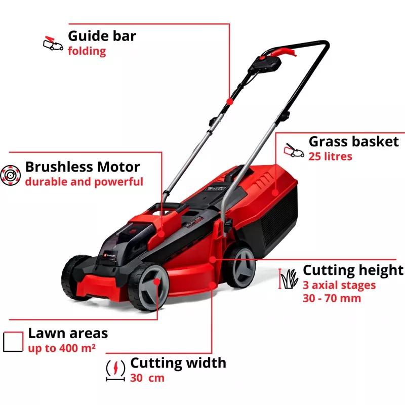 Belaidis stūmiamas vejapjovė EINHELL GE-CM 18/30 Li — 18V, 3,0Ah, 30 cm pjovimo plotis, 25 L žolės rinktuvas