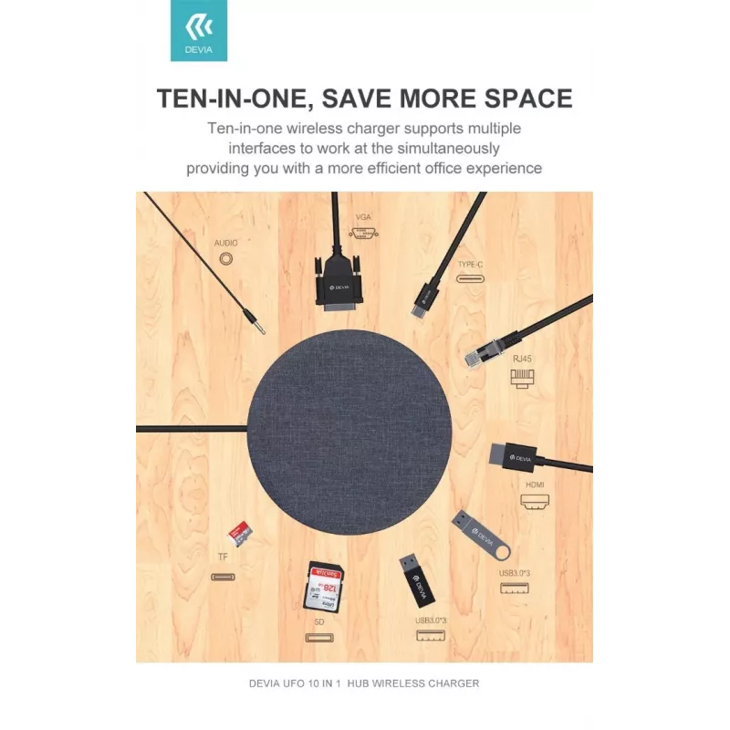 Devia UFO 10 viename USB-C hub'as su belaidžiu įkrovimu, pilkos spalvos