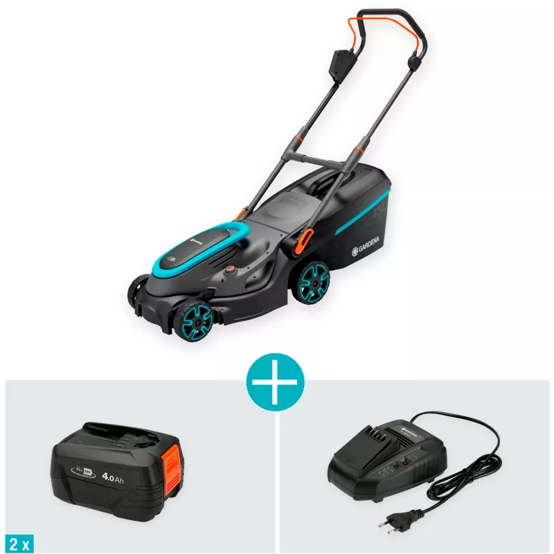 Akumuliatorinė vejapjovė PowerMax 37/36V P4A paruoštas naudoti rinkinys, 36V (2x18V), juoda/pilka, 2x ličio jonų akumuliatorius 4,0 Ah, POWER FOR ALL ALLIANCE