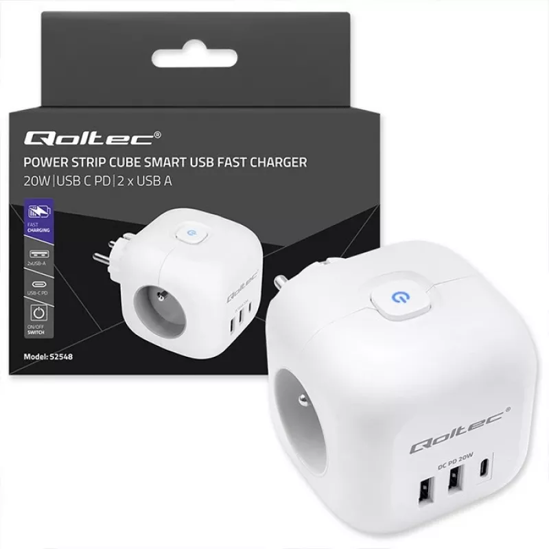 QOLTEC 52548 ilgintuvas su 3×AC lizdais ir USB prievadu