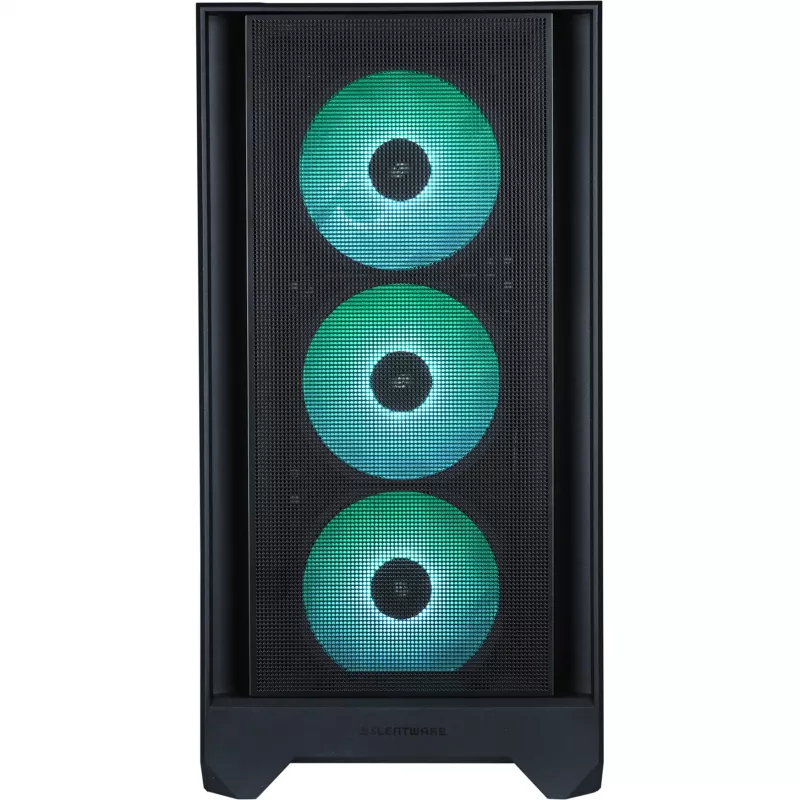 Korpusas Silentware Flow 110 A-RGB Black – vidutinis bokštas, grūdinto stiklo šoninis dangtis