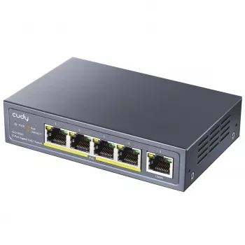 Cudy GS1005P tinklo jungiklis – 5 prievadų Gigabit Ethernet su 4 PoE prievadais, 60 W, metalinis korpusas, montuojamas į stelažą