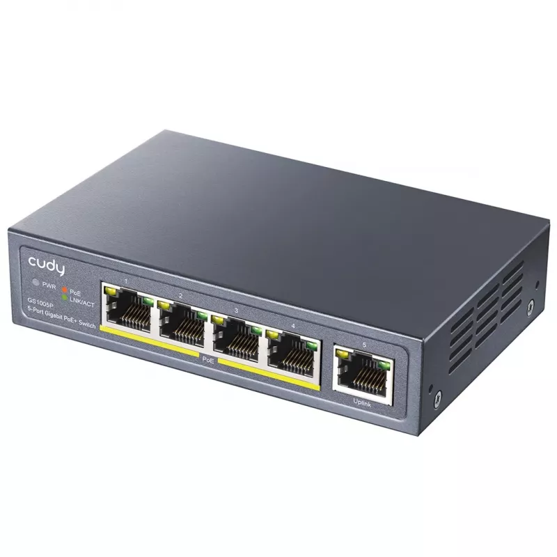 Cudy GS1005P tinklo jungiklis – 5 prievadų Gigabit Ethernet su 4 PoE prievadais, 60 W, metalinis korpusas, montuojamas į stelažą