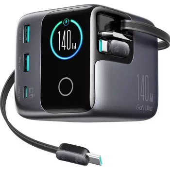 Maitinimo adapteris Joyroom JR-TRD01 GaN 140W su 5 prievadais ir dviem įtraukiamais kabeliais