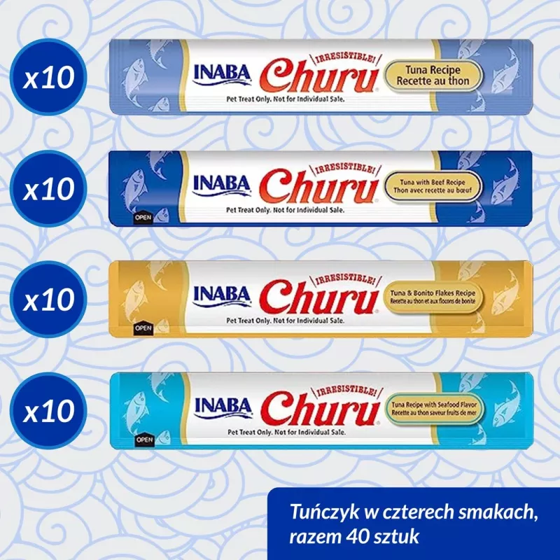 Drėgni skanėstai katėms INABA Churu Variety box Tunas su jūros gėrybėmis — 40 x 14 g pastos paketėlių, be grūdų, be cukraus