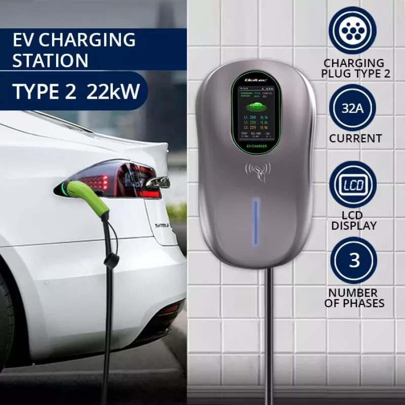 EV įkrovimo stotelė QOLTEC 52430 22 kW Wi‑Fi RFID 3 fazės, 32 A, Type 2, IP54