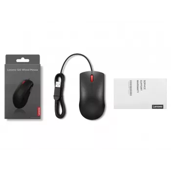 Laidinė USB-A pelė Lenovo 120 – juoda, ambidekstrinė, 1600 DPI, 3 mygtukai, 1,5 m kabelis
