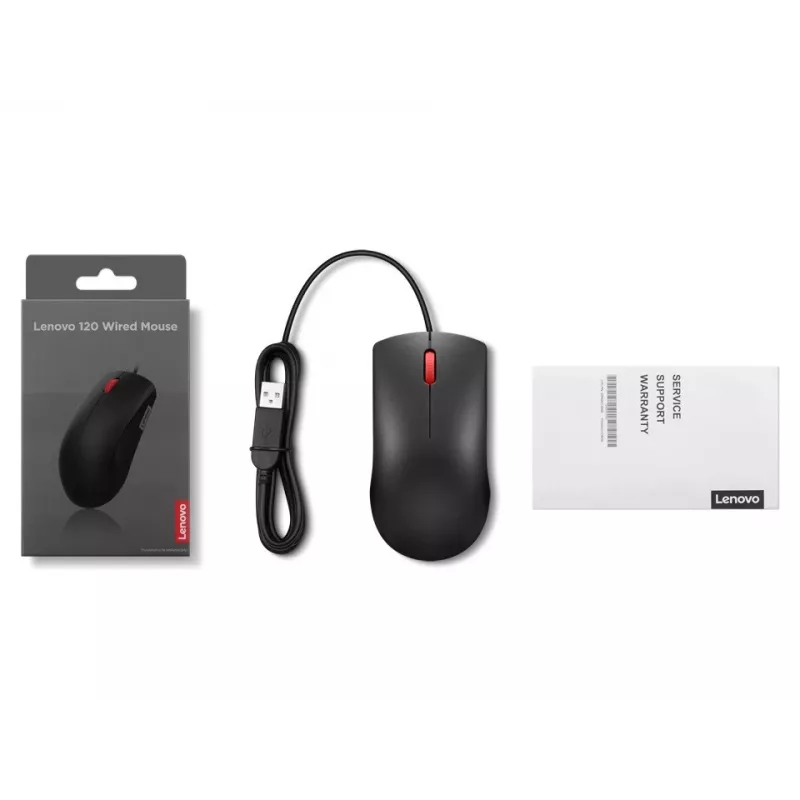 Laidinė USB-A pelė Lenovo 120 – juoda, ambidekstrinė, 1600 DPI, 3 mygtukai, 1,5 m kabelis