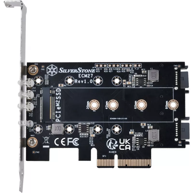 Silverstone SST-ECM27 M.2/SATA adapterio kortelė, PCIe 4.0, 1x M-Key, 2x SATA 6G – Low Profile