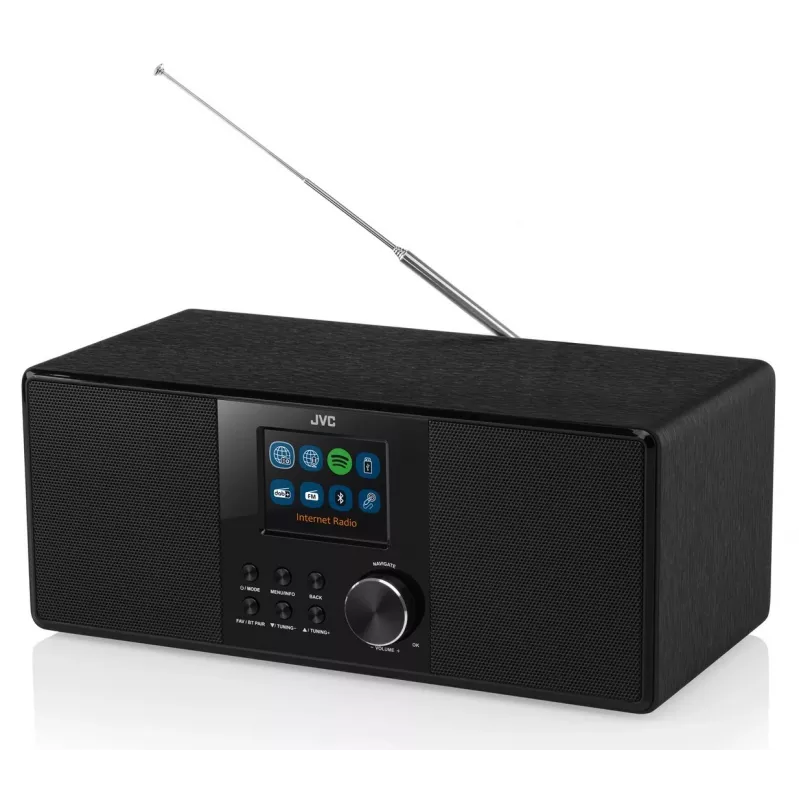 Internetinis radijas JVC RA-E981B – Wi‑Fi ir Bluetooth srautinis perdavimas, DAB+, FM, 2x5W, 40 išankstinių nustatymų, USB, AUX, LCD ekranas