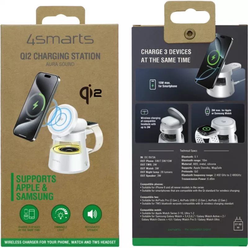 Belaidis įkroviklis 4smarts Qi2 Aura Sound Baltas – Qi2 greitasis belaidis įkrovimas, integruotas garsiakalbis