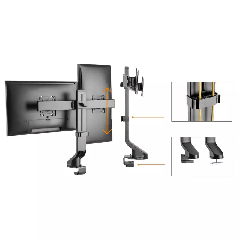 Monitorinis laikiklis MACLEAN MC-854 dviems monitoriams 17–27 colių VESA 75x75 / 100x100, dviejų rankų stalviršio montavimas