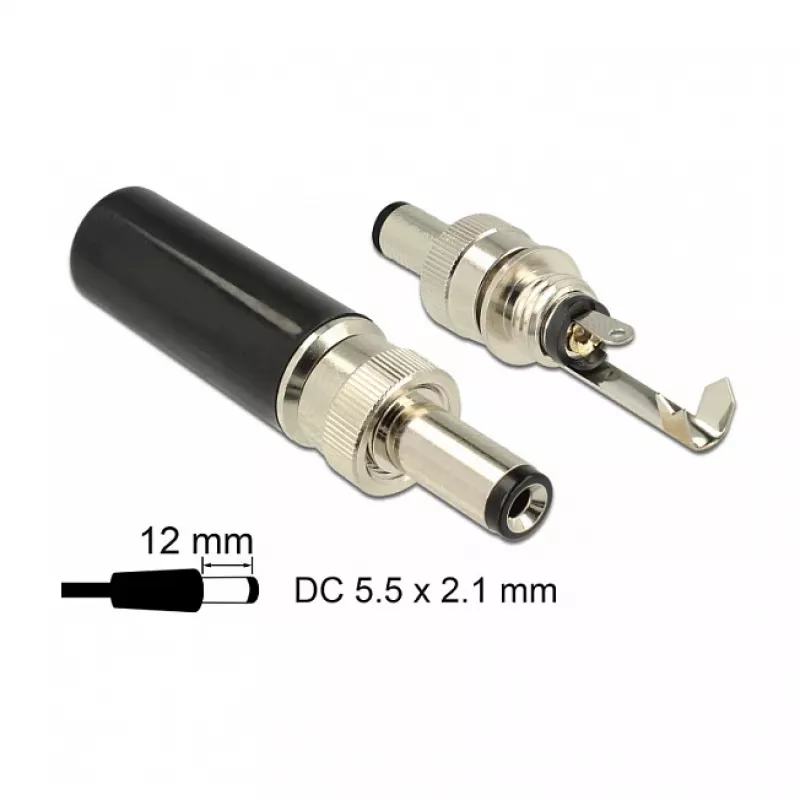 DeLOCK 89915 nuolatinės srovės kištukas 5.5 x 2.1 mm, 12 mm, litavimui, 2 A
