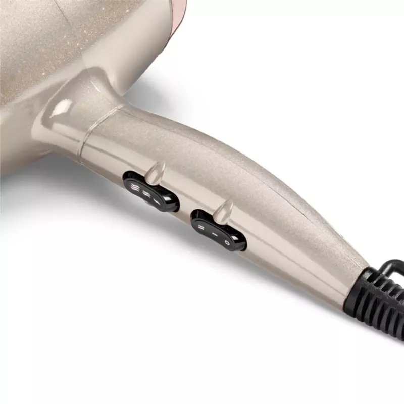 Plaukų džiovintuvas BABYLISS 5914PE – 2000 W, nuolatinės srovės variklis, 3 šilumos lygiai, 2 greičiai, šalto oro funkcija, juoda/auksinė/rožinis auksas