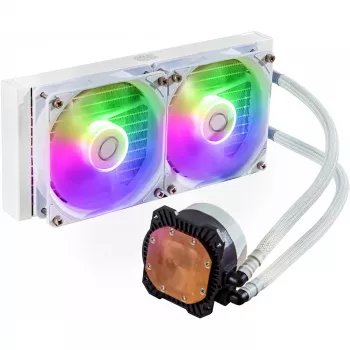 Skysto aušinimo komplektas Cooler Master MasterLiquid 240L Core ARGB White — 240 mm radiatorius, 120 mm ventiliatoriai, palaiko LGA1700/AM5/AM4 ir senesnius lizdus