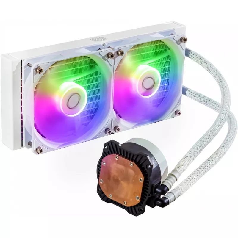 Skysto aušinimo komplektas Cooler Master MasterLiquid 240L Core ARGB White — 240 mm radiatorius, 120 mm ventiliatoriai, palaiko LGA1700/AM5/AM4 ir senesnius lizdus