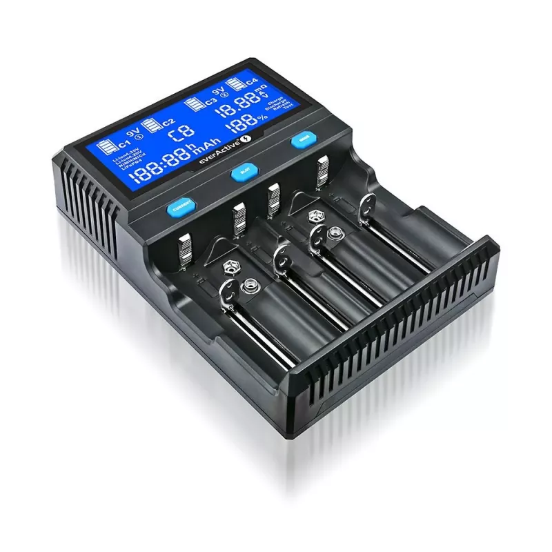 everActive UC-4200 universalus akumuliatorių kroviklis 12V 3A, palaiko AA/AAA/C/9V, 4 ląstelės, juodas, su ekranu