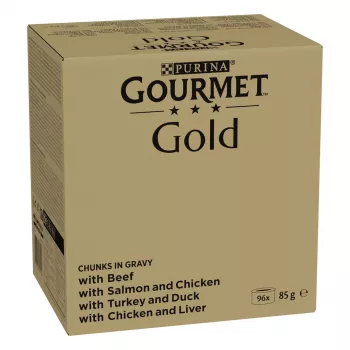 Šlapias kačių ėdalas multipack Purina Nestlé GOURMET Gold gabaliukai padaže – 96 x 85 g, 8,16 kg, 4 skonių mišinys