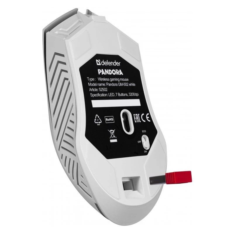 Belaidė žaidimų pelė DEFENDER Pandora White – ambidekstrinė, 3200 DPI, 6 mygtukų, programuojama, optinė, USB