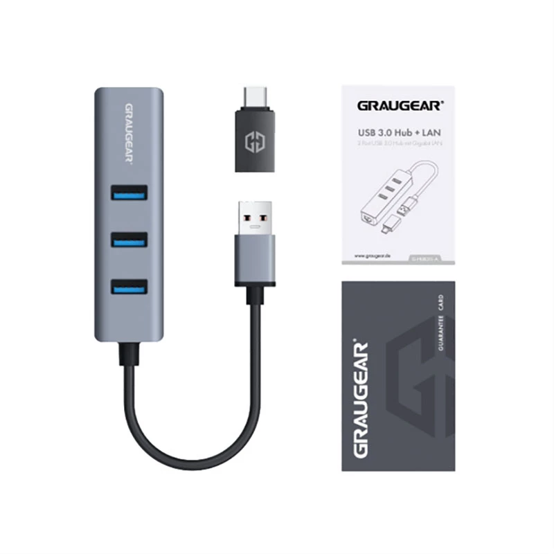 GRAUGEAR USB Hub G-HUB31L-A — USB 3.2 Gen 1 Type-A lizdas, 3x USB 3.2 Gen 1 Type-A prievadai + RJ-45, 5000 Mbit/s
