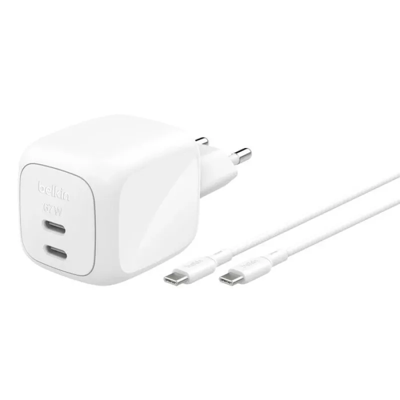 Greitasis AC sieninis įkroviklis Belkin WCH020KQ2MWH-B6 — 2x USB‑C, 2 m integruotas laidas, baltas