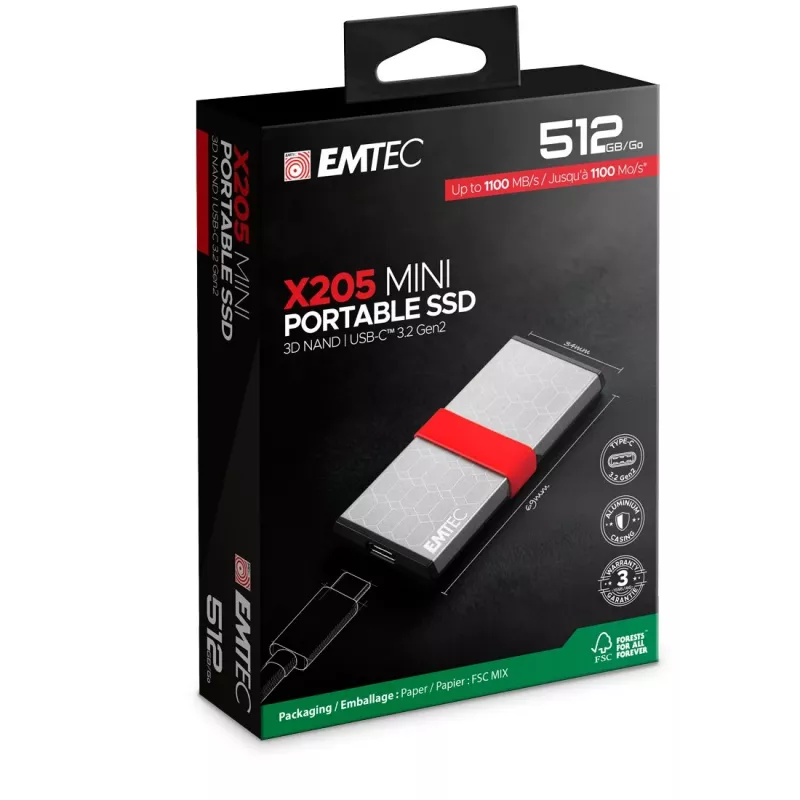 SSD nešiojamas Emtec X205 Mini 512GB USB Type-C USB 3.2 Gen 2x2
